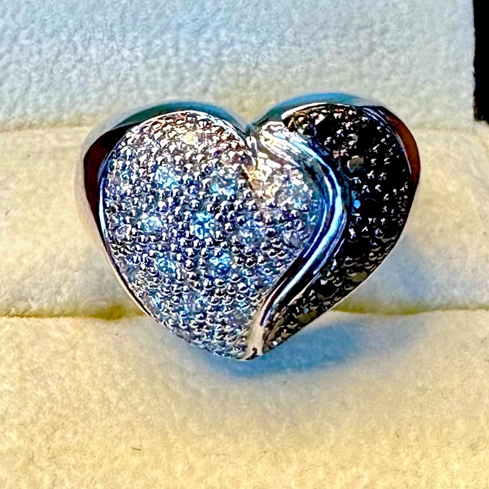 Sterling Silver Black Spinel & White Sapphire Heart Ring Size 6